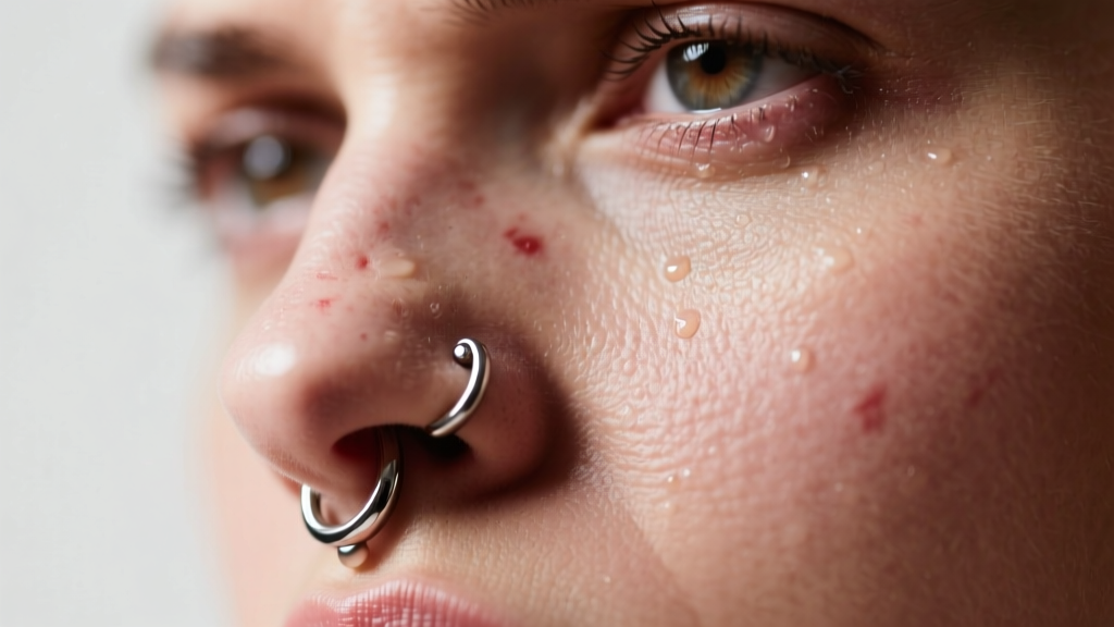Close-up of an irritated cartilage piercing with a small bump next to a titanium flat-back labret, soft clinical lighting