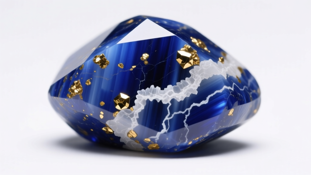Close-up of genuine lapis lazuli showing natural gold pyrite flecks and white calcite veins under bright studio lighting