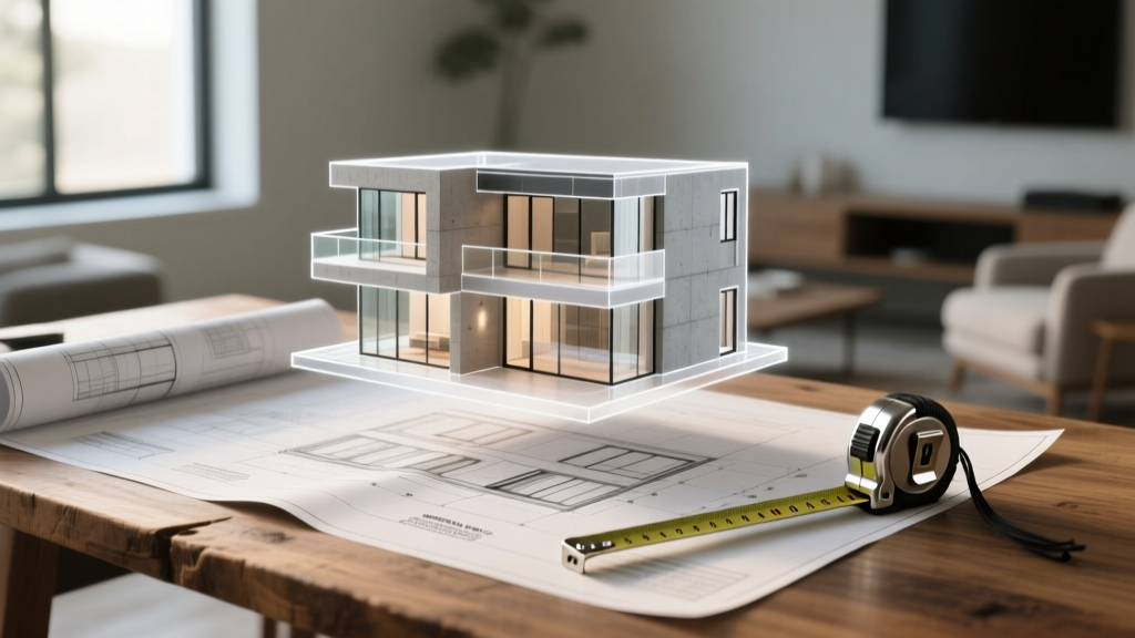 Blueprints on a wooden desk beside a tape measure and a 3D rendering of a modern 3500 square foot two-story custom home