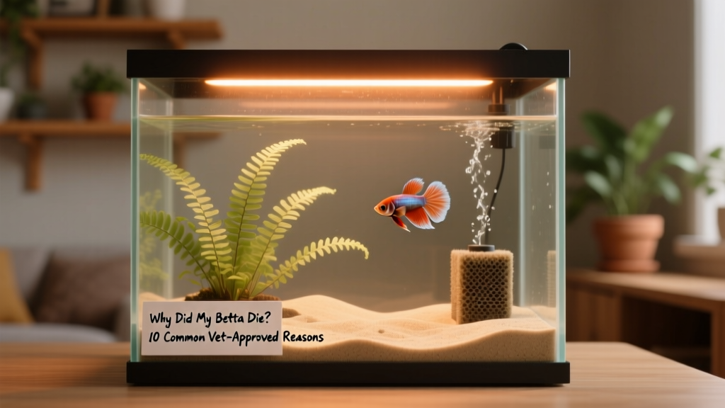 A serene, minimalist betta habitat featuring soft sand substrate, live java fern, gentle sponge filter, and low-light LED lighting