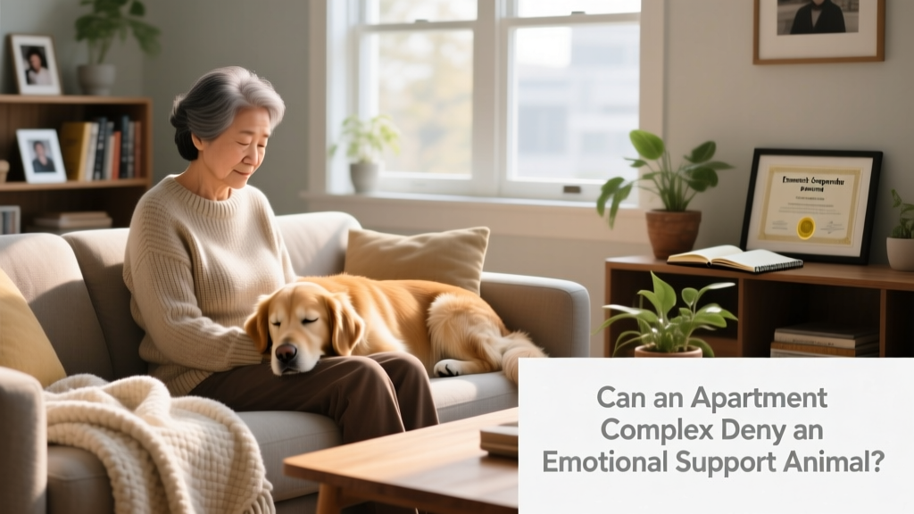 A calm person sitting on a couch with a gentle dog resting beside them, illustrating emotional support in a home setting