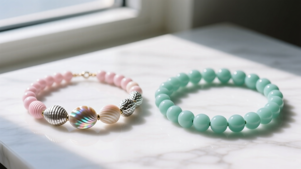 Comparison of a genuine momi shell necklace showing subtle color variations next to a uniform, fake resin imitation jewelry piece