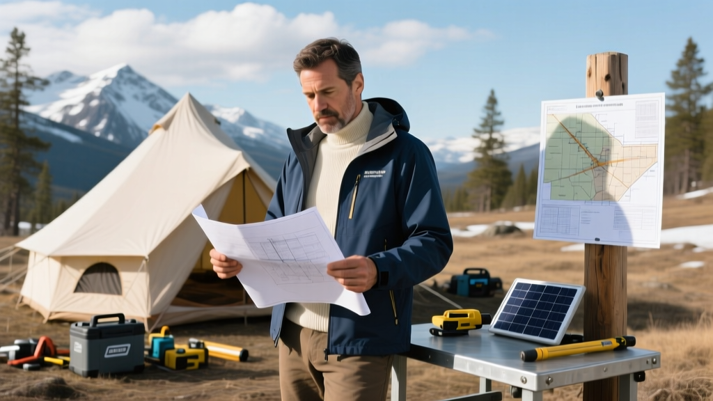 Field engineer in merino base layer and 70-denier Gore-Tex shell reviewing blueprints at a remote off-grid construction camp