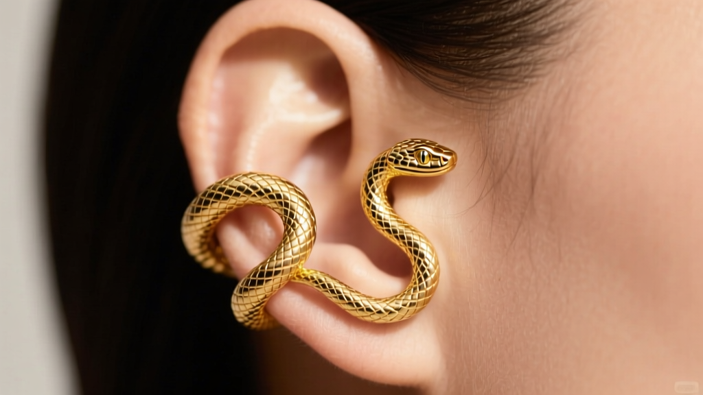 Detailed view of an 18k yellow gold Tubogas ear cuff wrapping the cartilage, showcasing the iconic coiled Bvlgari snake motif.