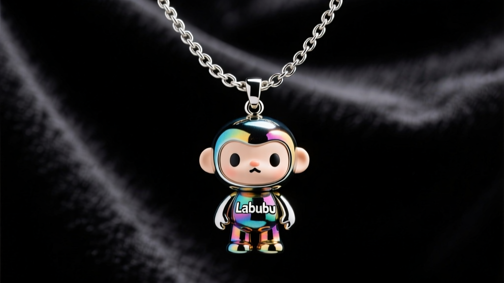 Close-up of a custom vinyl Labubu art toy pendant hanging from a 2mm stainless steel curb chain, studio lighting on dark velvet