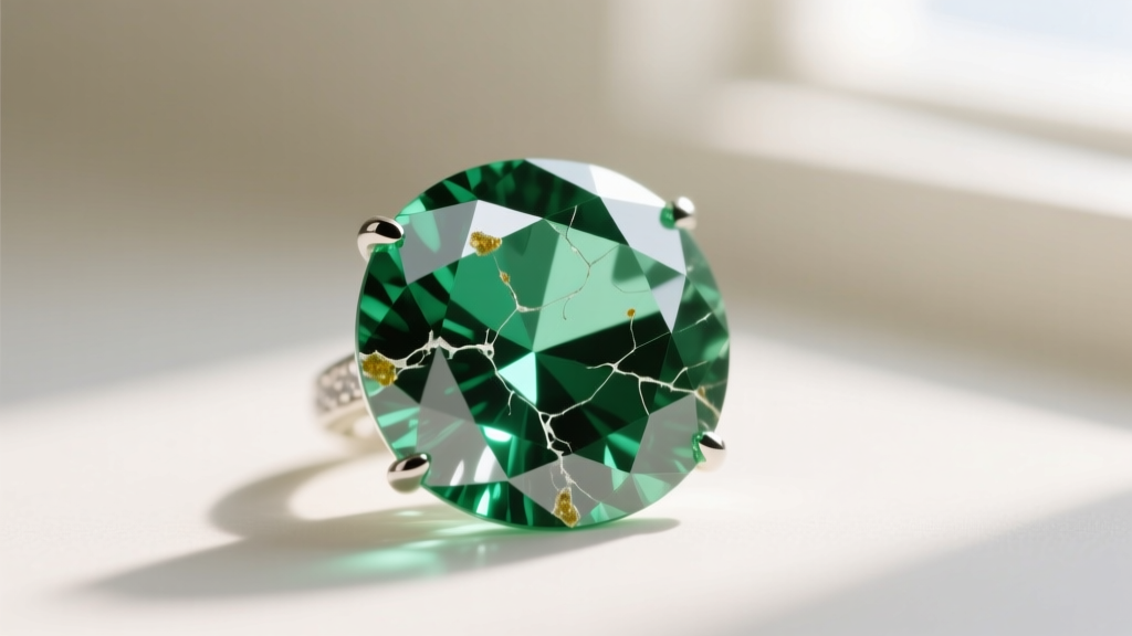 Side view of a cloudy emerald cut pendant showing dried oil residue in surface fractures under a bright gemological loupe light.