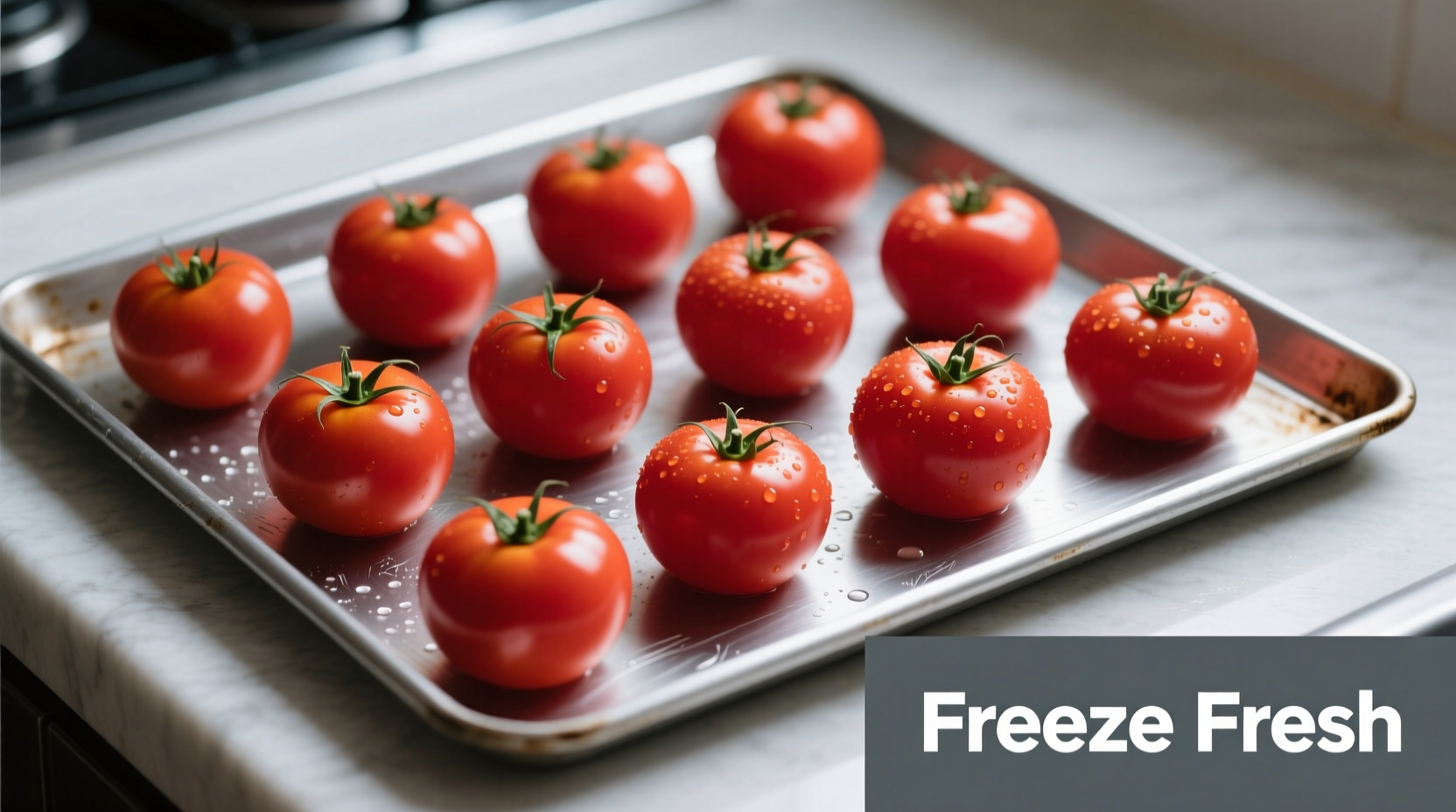 Tomatoes arranged on baking sheet before freezing