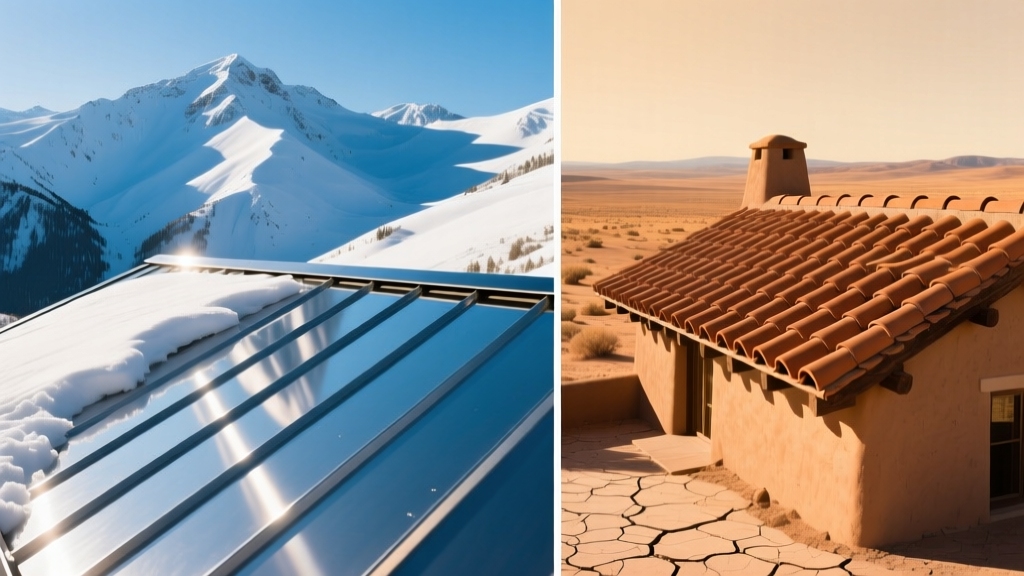 Split render showing standing seam metal roof in snowy mountains beside a clay barrel tile roof in a bright, sunny desert landscape.