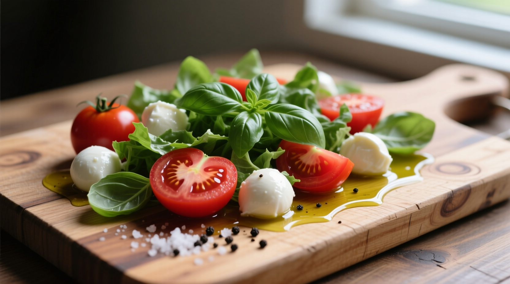 Fresh tomato mozzarella basil salad on wooden board
