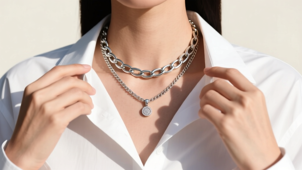 Model layering a 12mm silver Figaro chain with a delicate pendant over a crisp white button-down shirt in bright natural daylight.