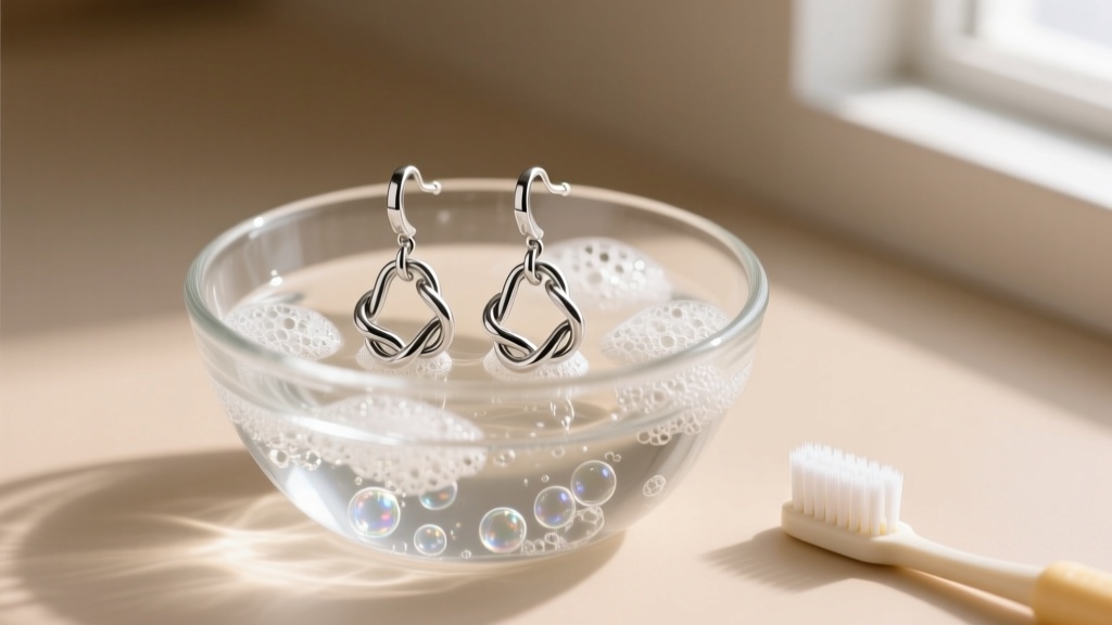 A pair of silver cable chain earrings submerged in a glass bowl of soapy water, with a soft baby toothbrush resting nearby.