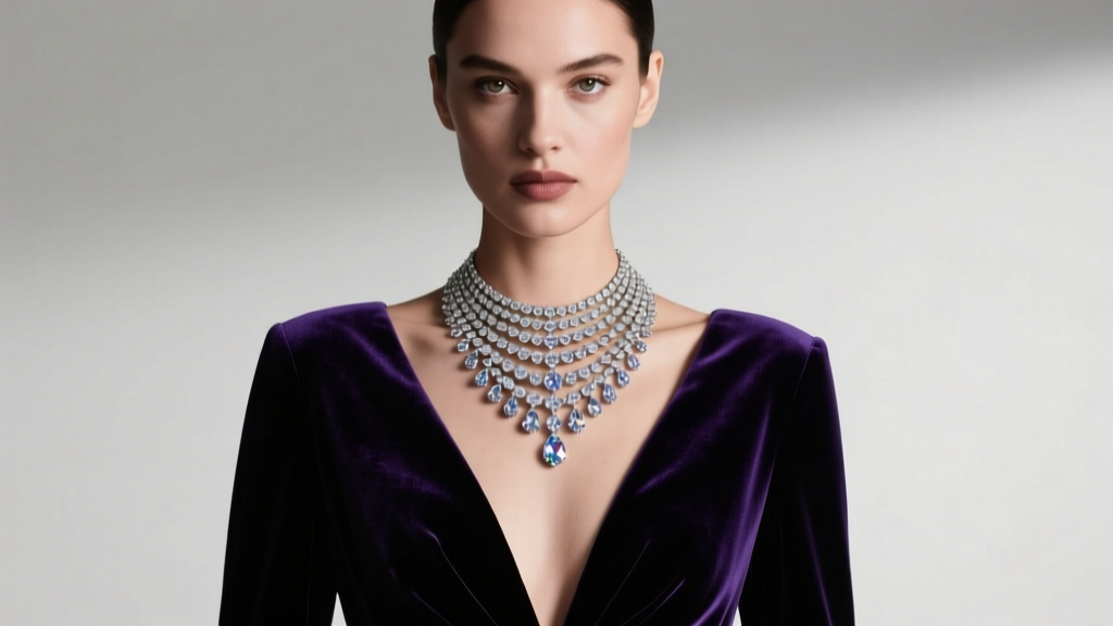 Fashion profile of a model in a deep V-neck velvet gown wearing a multi-tiered diamond bib necklace under soft studio lighting.