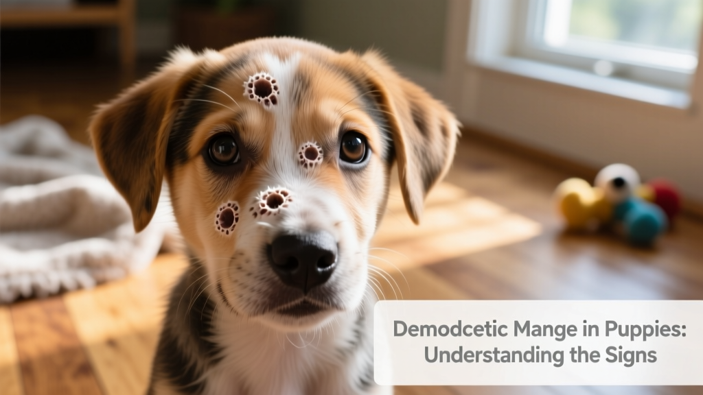 Close-up of a puppy’s face showing small, circular patches of hair loss around the eyes and muzzle