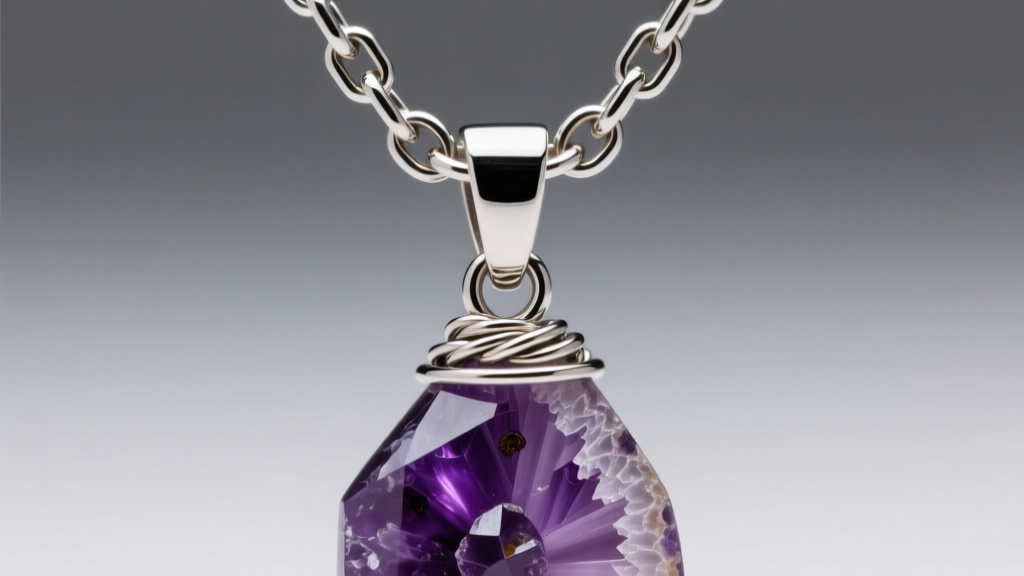 Macro shot of a steel box chain connecting to a wire-wrapped bail on an amethyst touchstone pendant showing detailed stone texture.