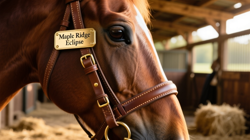 Close-up of a leather horse halter with a polished brass nameplate reading 'Maple Ridge Eclipse' attached to the cheekpiece
