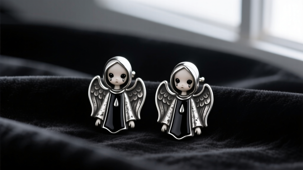 Oxidized sterling silver dark doll earrings with weeping angel motifs and black enamel accents resting on dark velvet