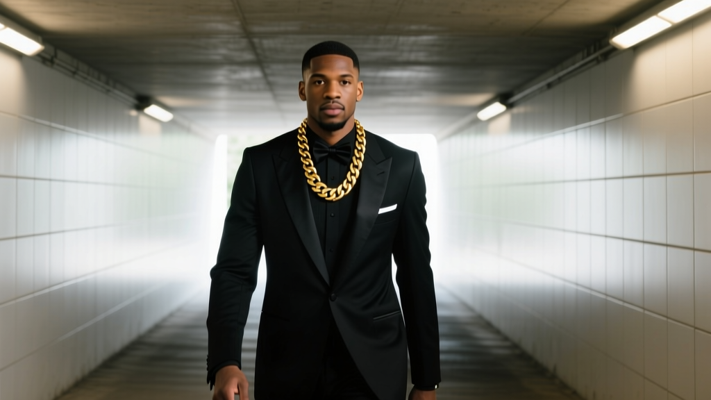 Basketball player in a sharp suit walking through a tunnel wearing a thick 14mm gold Miami Cuban link chain necklace