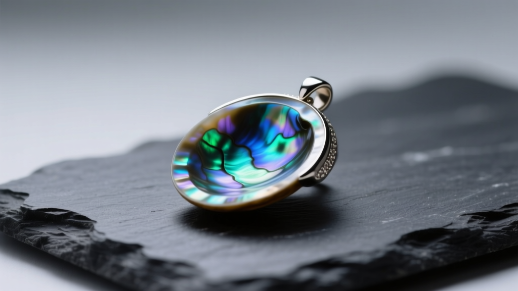 Polished abalone pendant on dark slate, displaying vibrant blue and green iridescent nacre under soft studio lighting.