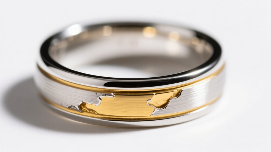 Close-up of an 18k white gold ring with rhodium plating wearing off the bottom shank, revealing the warm yellow alloy underneath.
