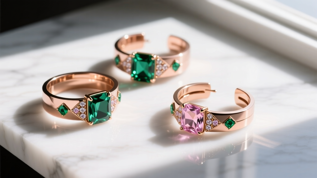 Flat lay of rose gold ear cuffs with pave-set morganite and emerald accents on white marble with harsh directional shadows.