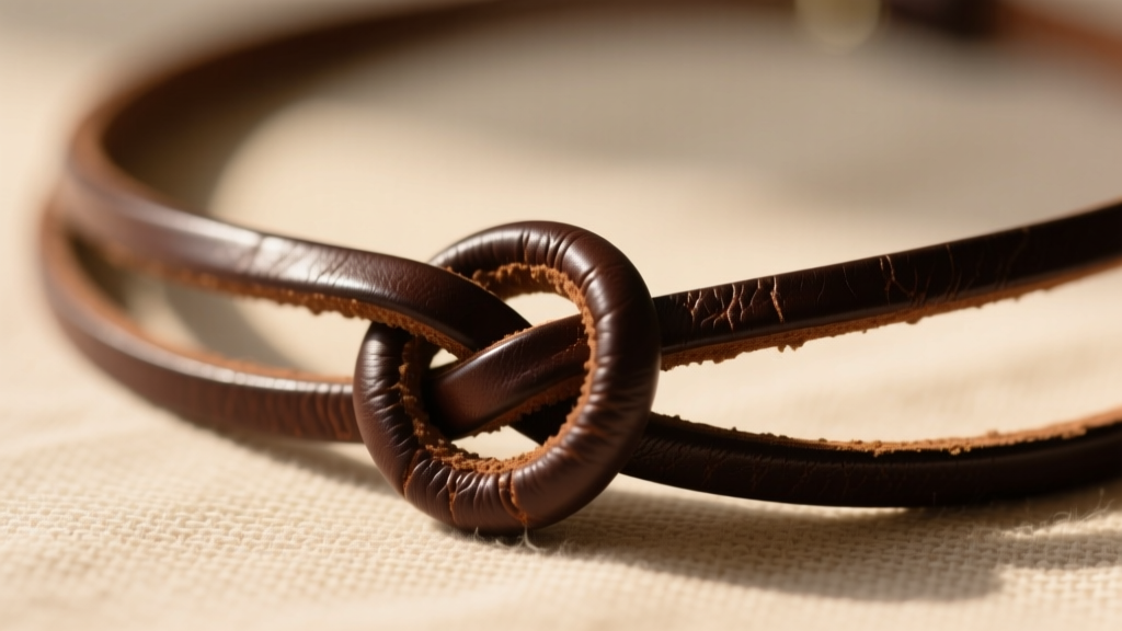 Close-up of a dark brown leather lariat necklace tied in an overhand knot against a beige linen backdrop, warm lighting