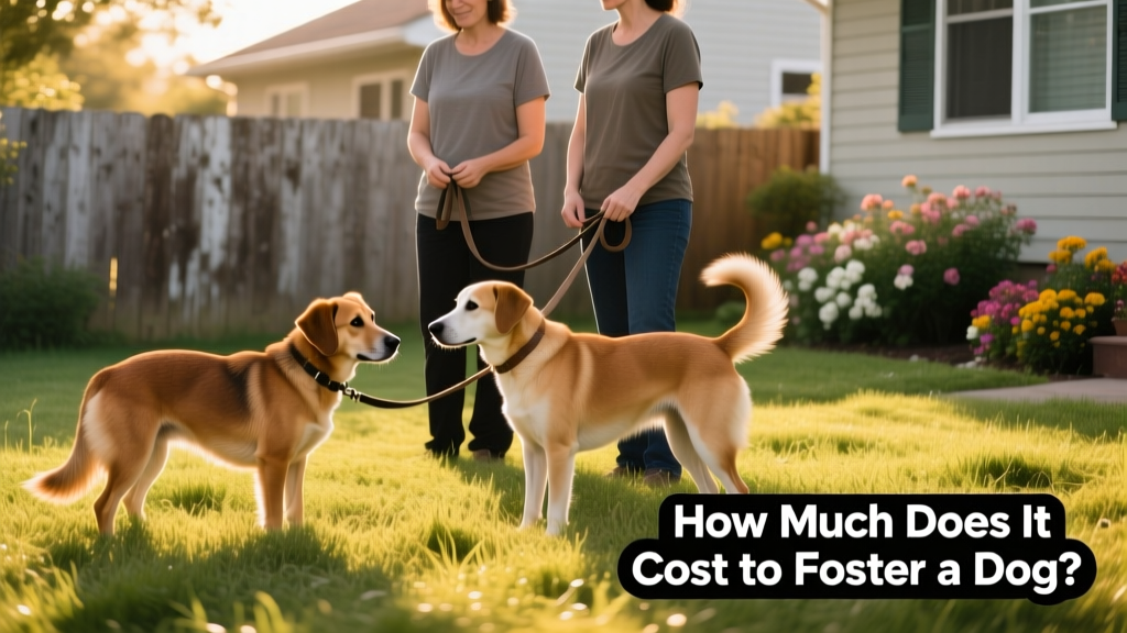 A calm, supervised introduction between a foster dog and a resident dog in a grassy yard, with leashes held loosely by two people