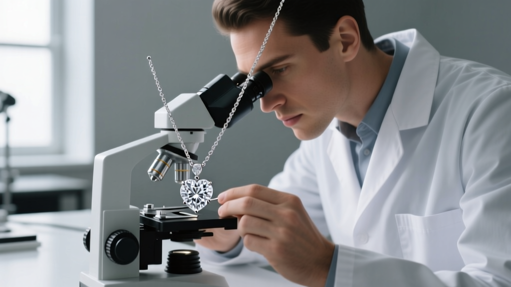 Jeweler using a microscope to inspect a V-prong diamond setting at the bottom point of a platinum heart-shaped necklace pendant.