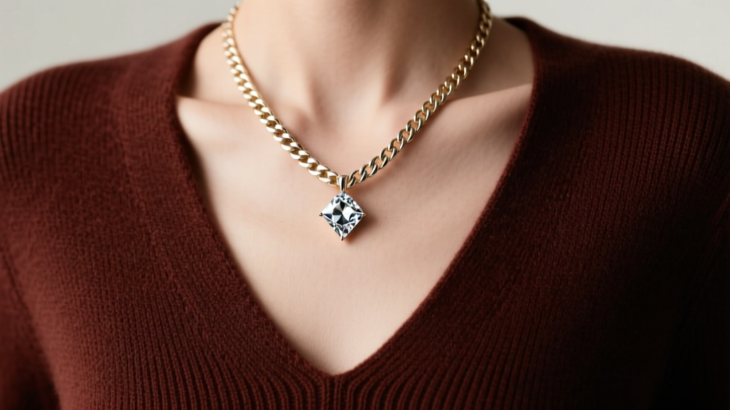 Close-up of a deep V-neck cashmere sweater paired with a 20-inch 18k white gold box chain and a sharp geometric diamond pendant