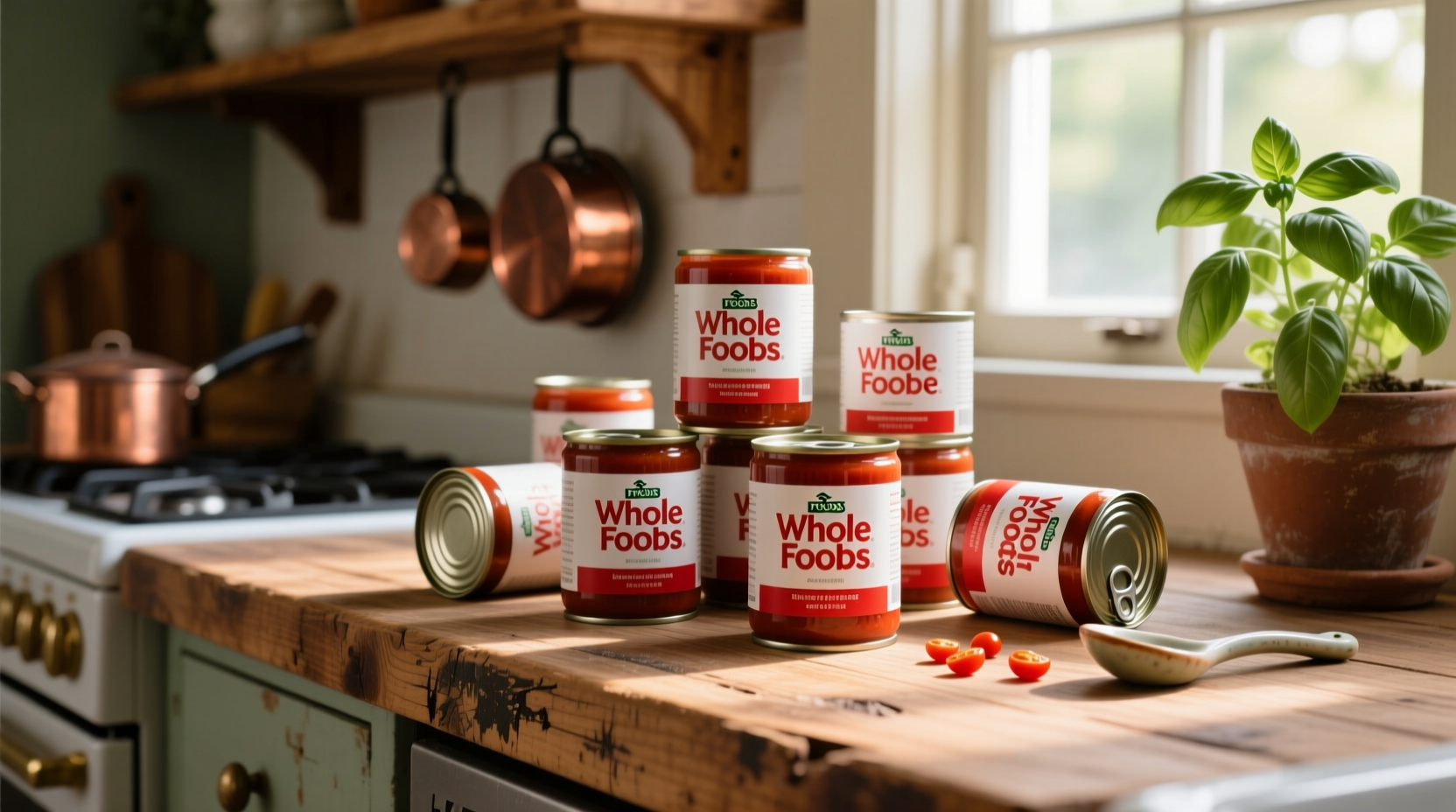 Whole Foods tomato paste cans on wooden kitchen surface