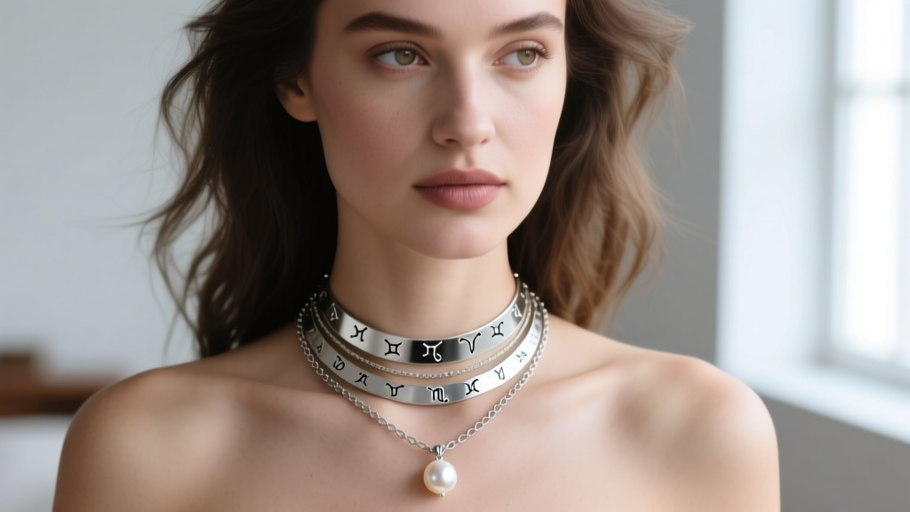 Close-up of a woman wearing a layered necklace stack, featuring an 18-inch Gemini constellation chain and a small pearl pendant.