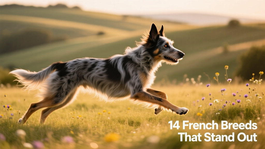 A lively Berger Picard mid-stride across open grassland, ears perked, coat tousled, and eyes bright with focus and curiosity
