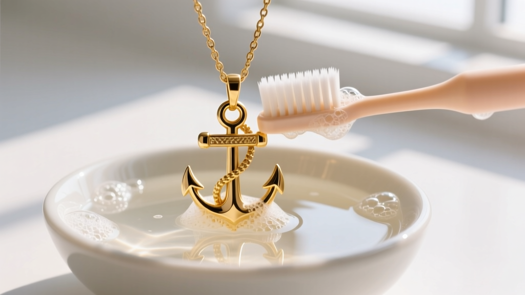 Soft-bristled baby toothbrush gently scrubbing crevices of a 14k gold anchor pendant submerged in a bowl of warm soapy water.
