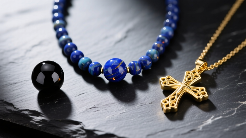 Flat lay of 2mm lapis, 4mm black spinel, and 6mm gold cross bead necklaces arranged on a dark, textured slate surface background.