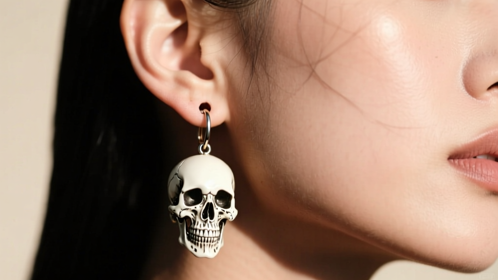 Close-up of an earlobe wearing a heavy skull dangle earring, showing the downward angle and physical stress on the piercing hole.