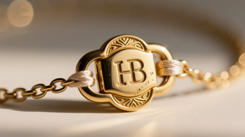 Extreme macro photography of a vintage gold-tone Henri Bendel necklace clasp showing the stamped HB hallmark and silk french wire