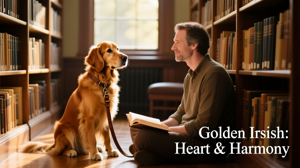 An adult Golden Irish sitting attentively beside its owner during a therapy visit at a quiet library reading nook