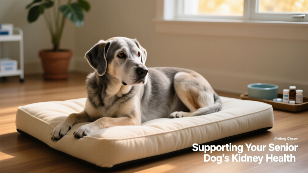 Senior dog resting quietly on a soft bed, looking slightly subdued but alert