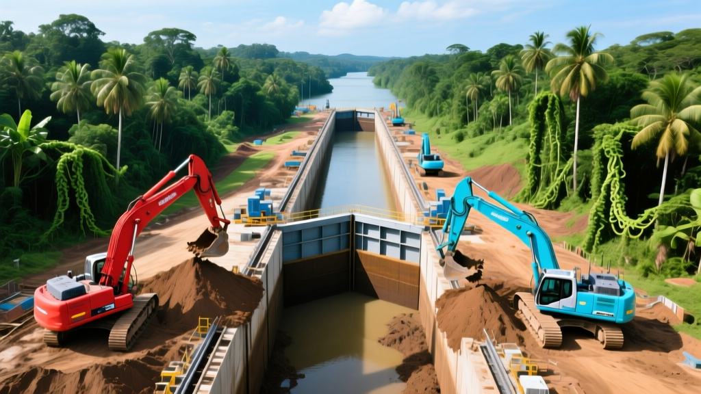 Aerial view of massive modern canal lock construction with giant excavators moving earth through a lush tropical jungle landscape