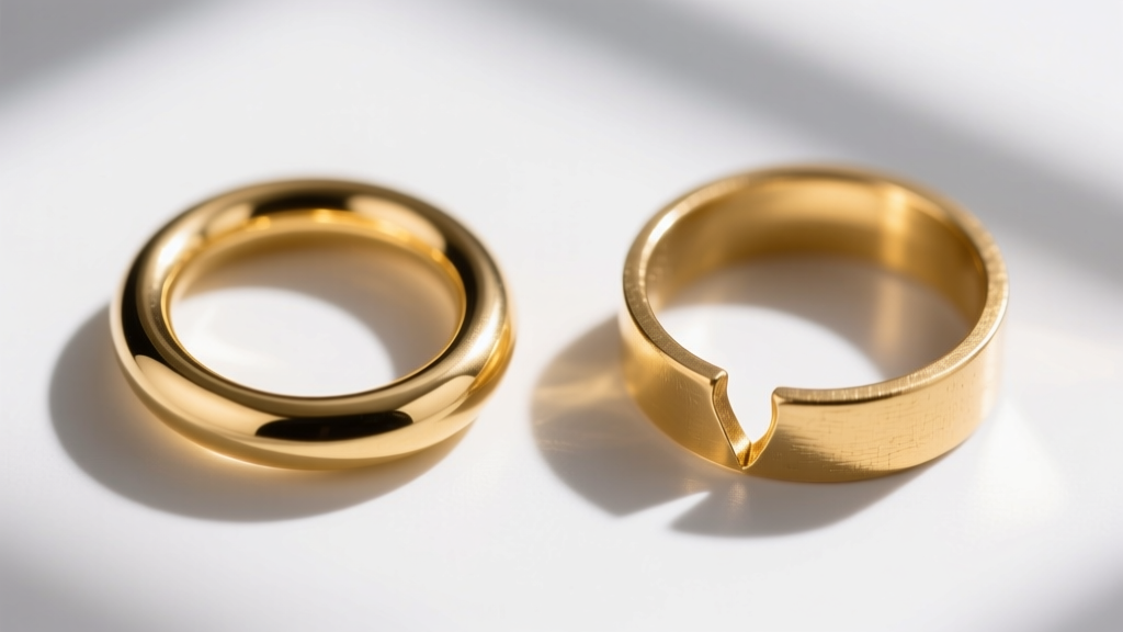 Extreme close-up comparing a laser-soldered 18-gauge gold-filled jump ring on the left and an open, unsoldered ring on the right.