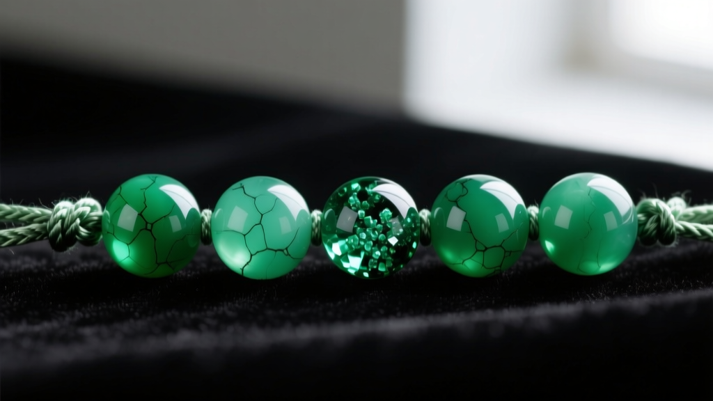 Close-up of 6mm emerald beads on black velvet, showing natural inclusions and tight silk knotting between the vibrant green gems.
