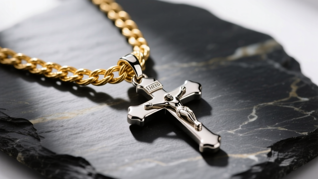 Macro shot of a gold rope chain threaded through a polished silver crucifix pendant bail, resting on a dark slate stone surface.