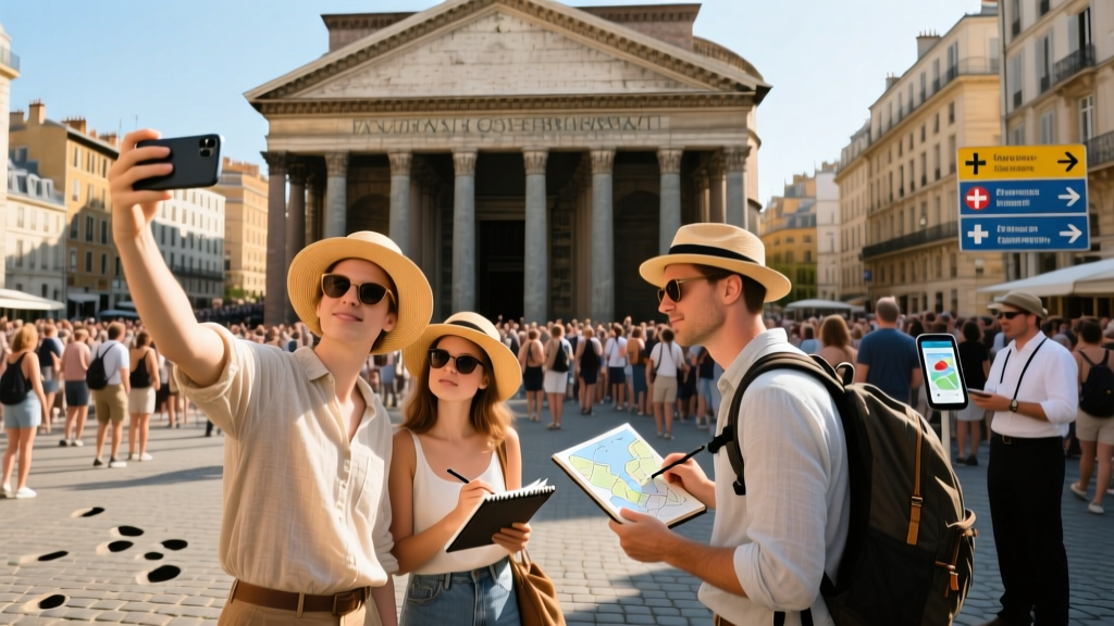 A huge crowd of tourists near the famous Pantheon in Paris, France in the summer