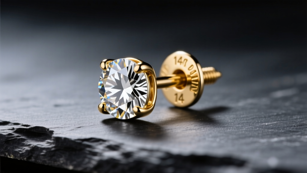Macro photography of a 14k gold diamond stud earring secured with a precision-machined screw back, resting on dark slate.
