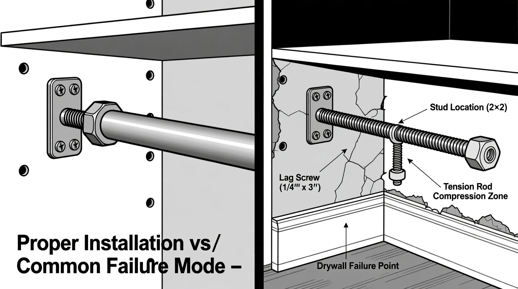 Side-by-side installation diagram showing proper stud-mounted adjustable closet rod with lag-screw brackets versus a sagging telescoping tension rod wedged between drywall and baseboard