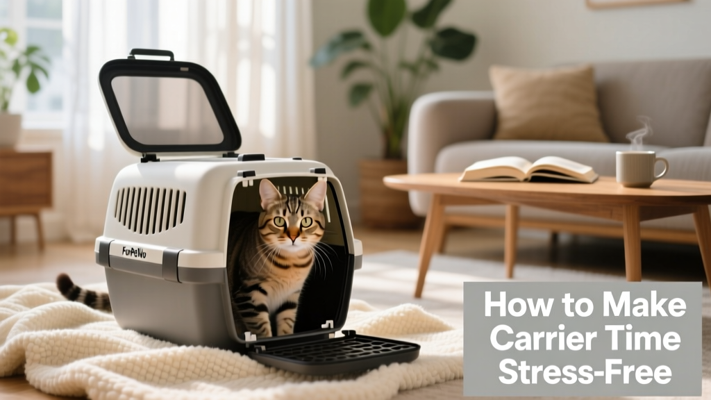 A calm cat peeking out of an open FurPetVo carrier placed on a cozy blanket in a living room