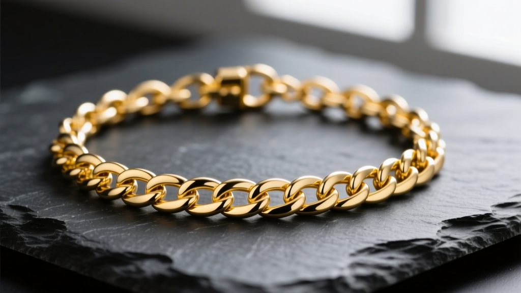 Macro shot of a 14k gold vermeil sterling silver chain necklace on dark slate, showing rich yellow gold luster and detailed clasp.
