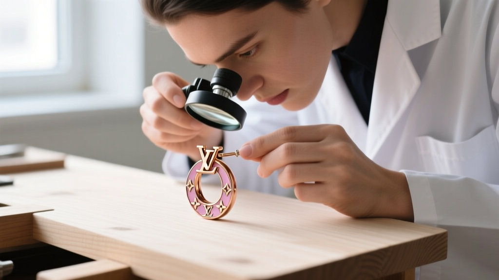 Jeweler using a loupe to examine the clasp of a rose gold LV Color Blossom hoop earring on a clean wooden workbench surface.