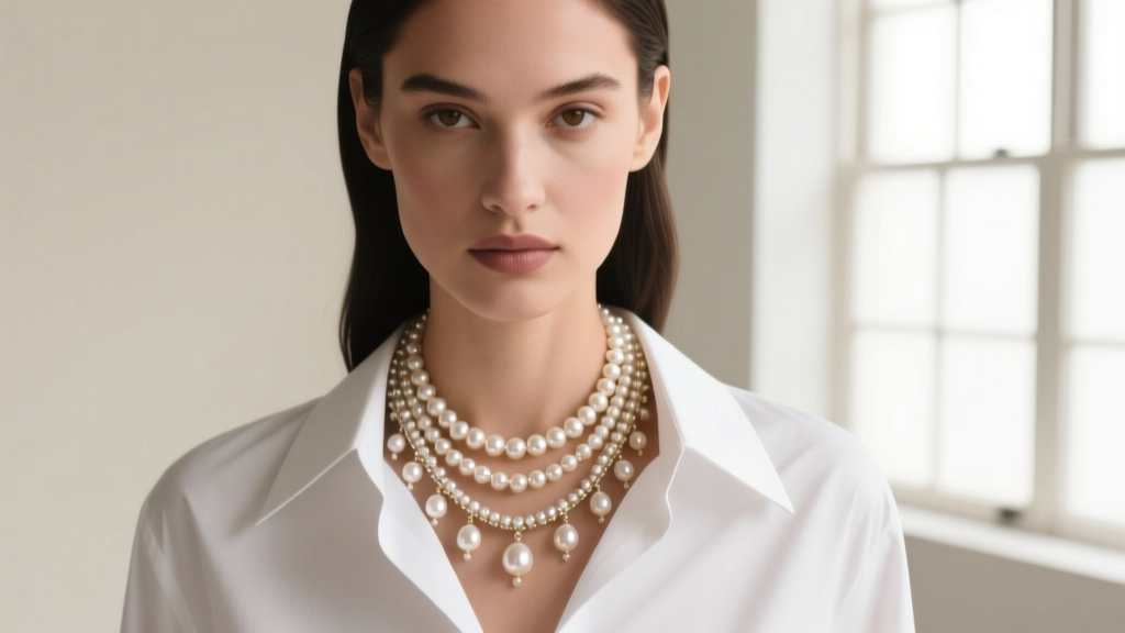 Fashion portrait of a model wearing a layered beaded necklace with pearl pendants over a crisp white button-down shirt collar.