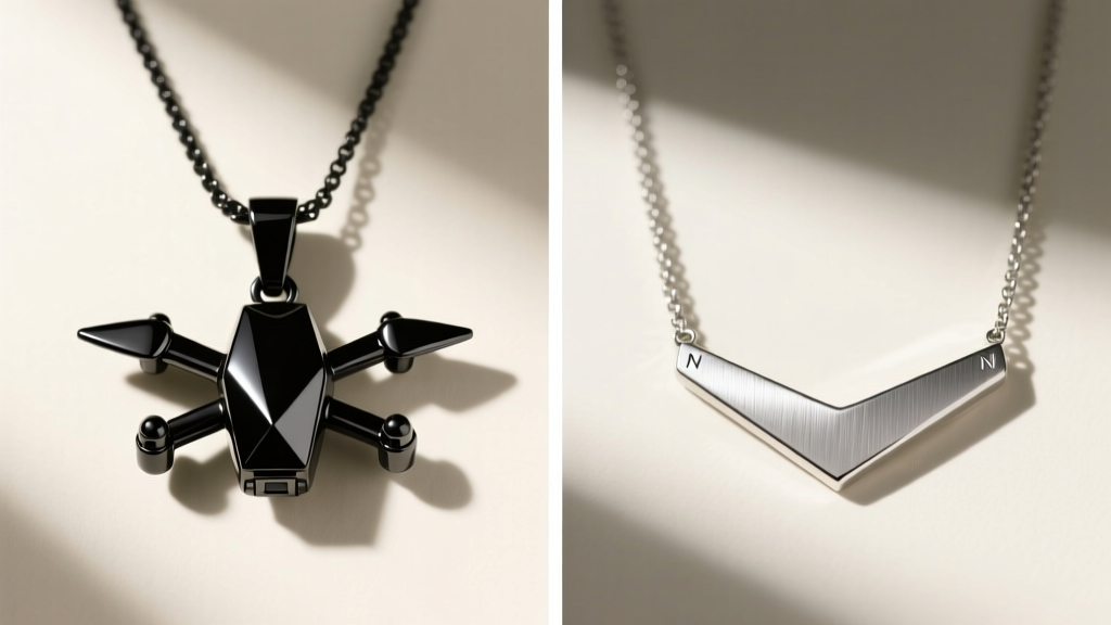 Side-by-side comparison of glossy black enamel Worker Drone core pendant and matte brushed 925 sterling silver N visor necklace.