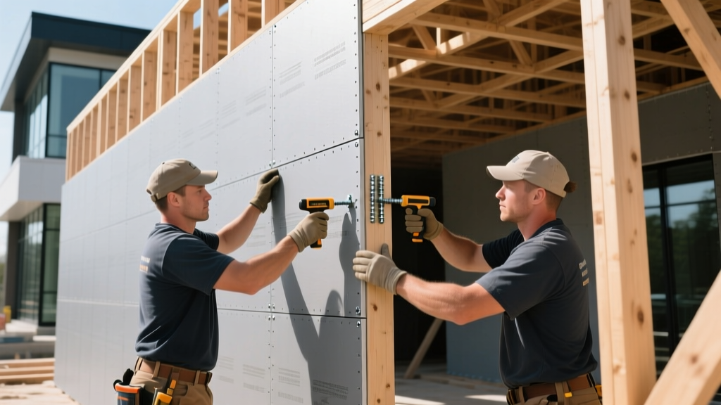 Crew installing gray glass-mat exterior gypsum board sheathing onto wood framing of a commercial building using collated screws.
